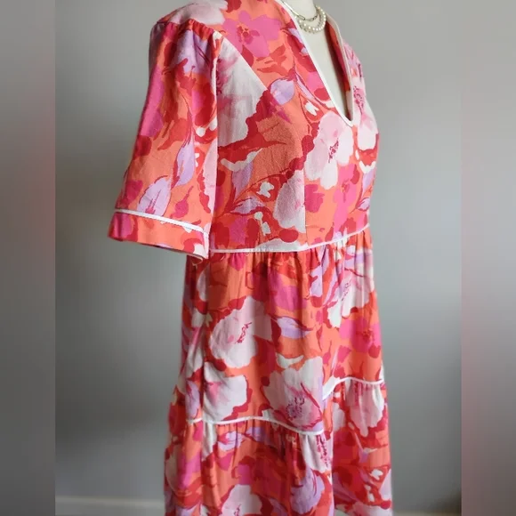 Vince Camuto Linen Blend Tropical Print Pink Orange Floral Easy Dress Size 4 - Picture 5 of 16